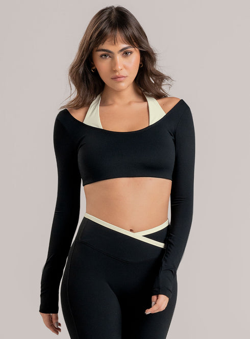 Top Manga Larga Babalú Escote Halter Doble Talla M Negro
